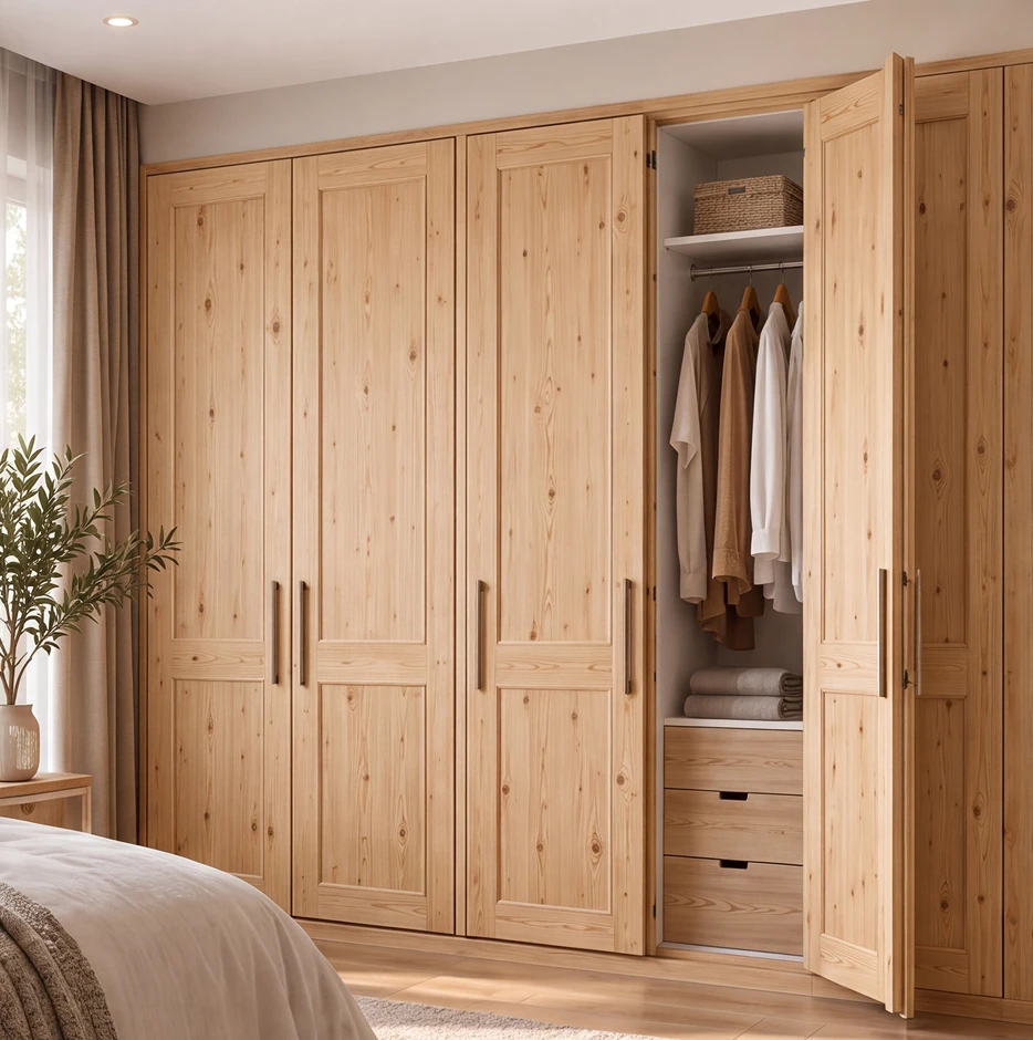 Pine wardrobe with panel doors and open storage