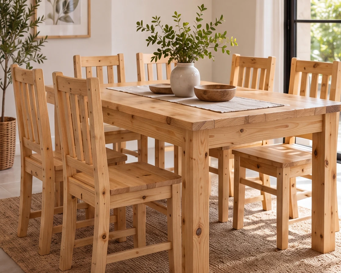 Solid pine dining table and matching chairs