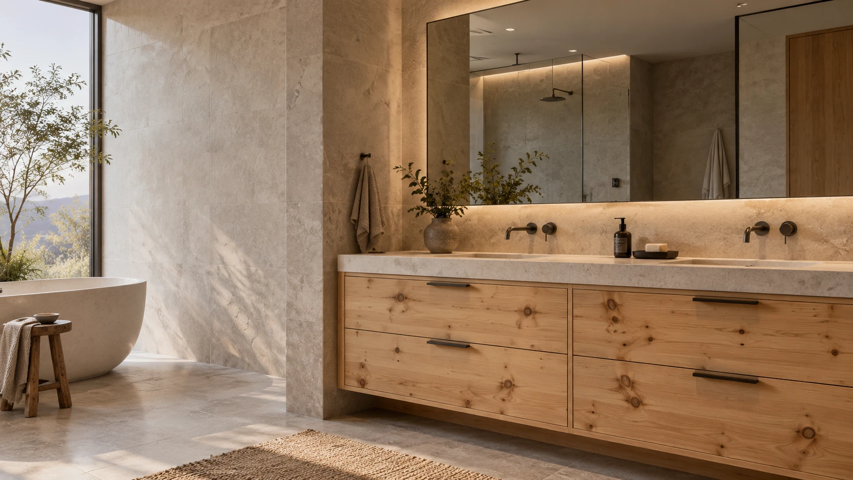 Double vanity with pine drawers in a contemporary bathroom