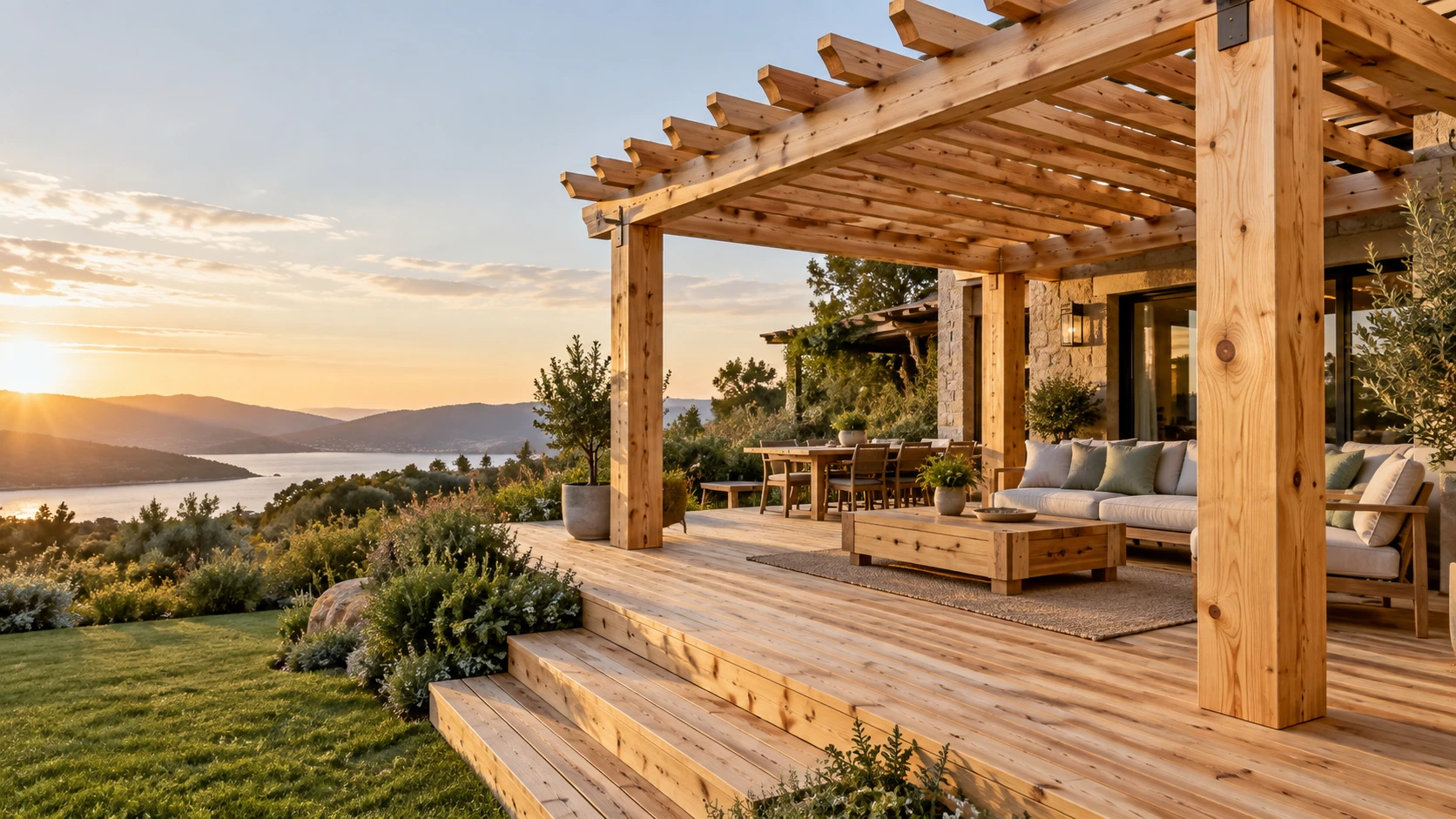 Timber pergola and decking overlooking a landscape at sunset