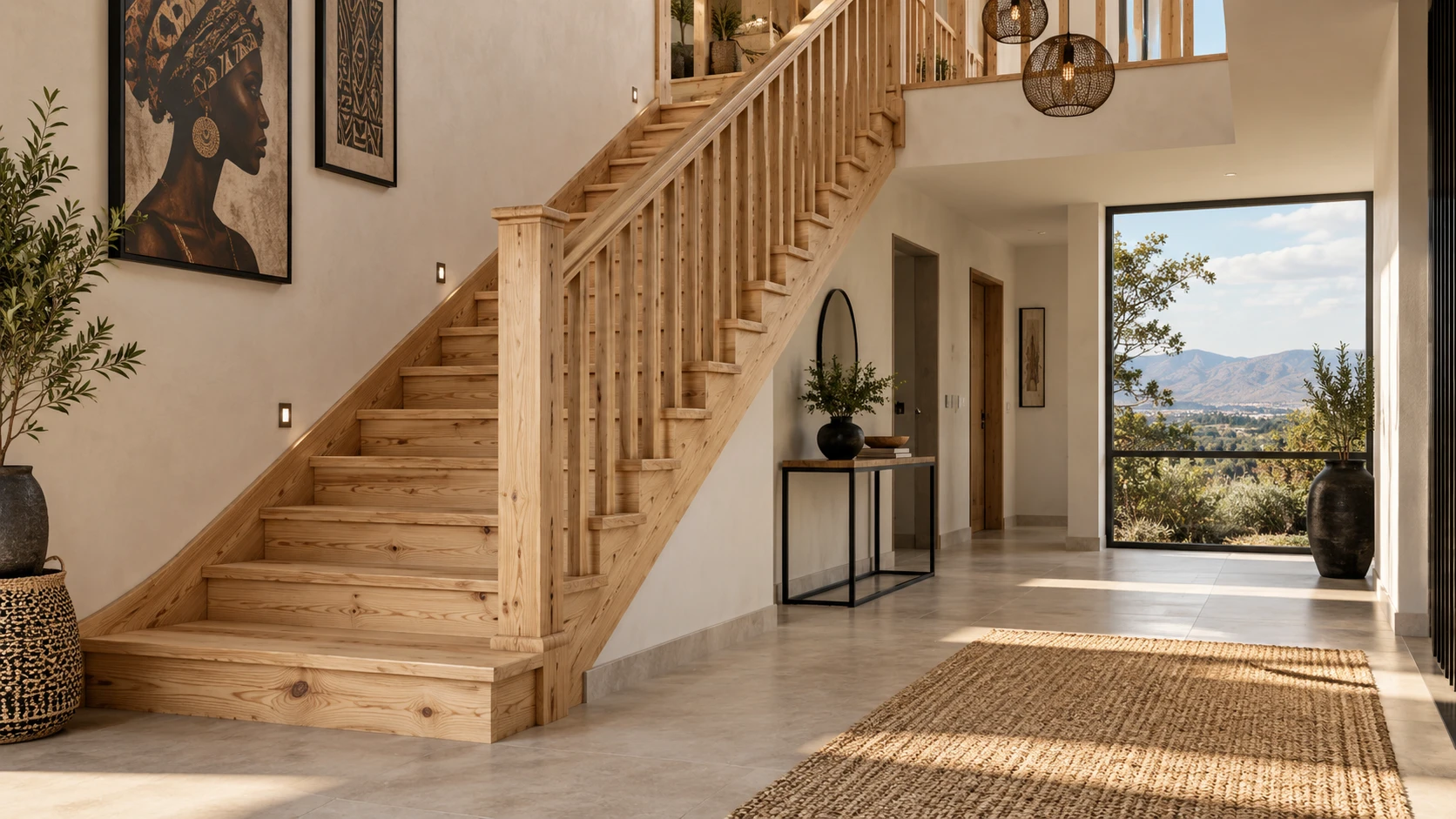 Pine staircase and balustrade in a spacious interior