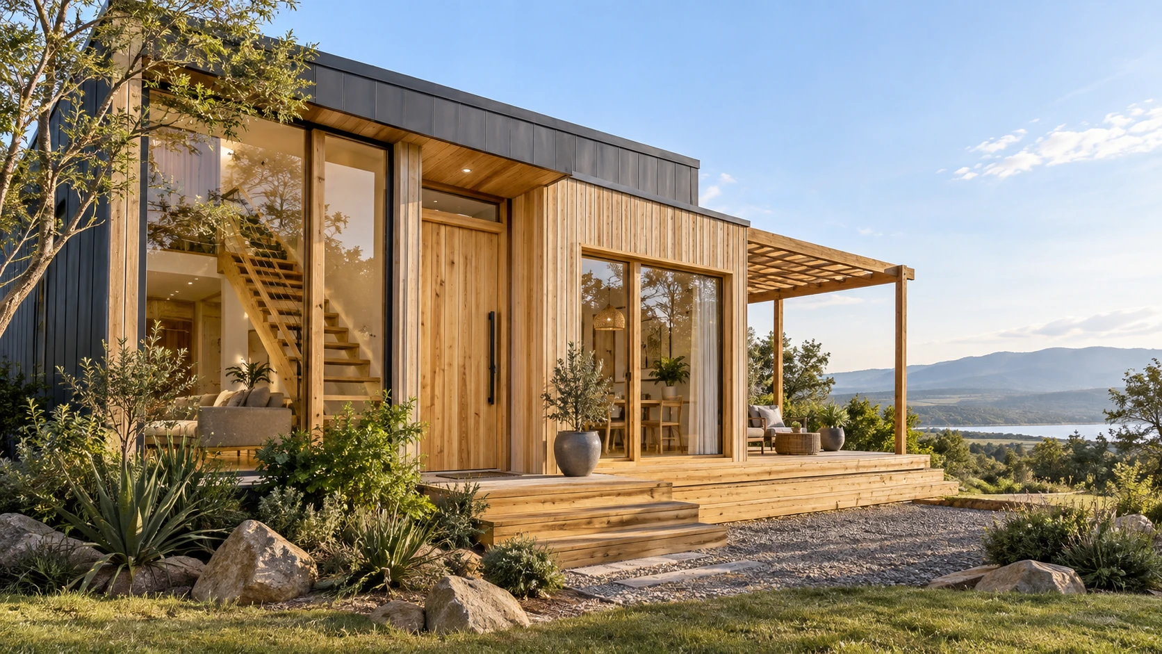 Timber prefab home with covered veranda in a landscaped setting