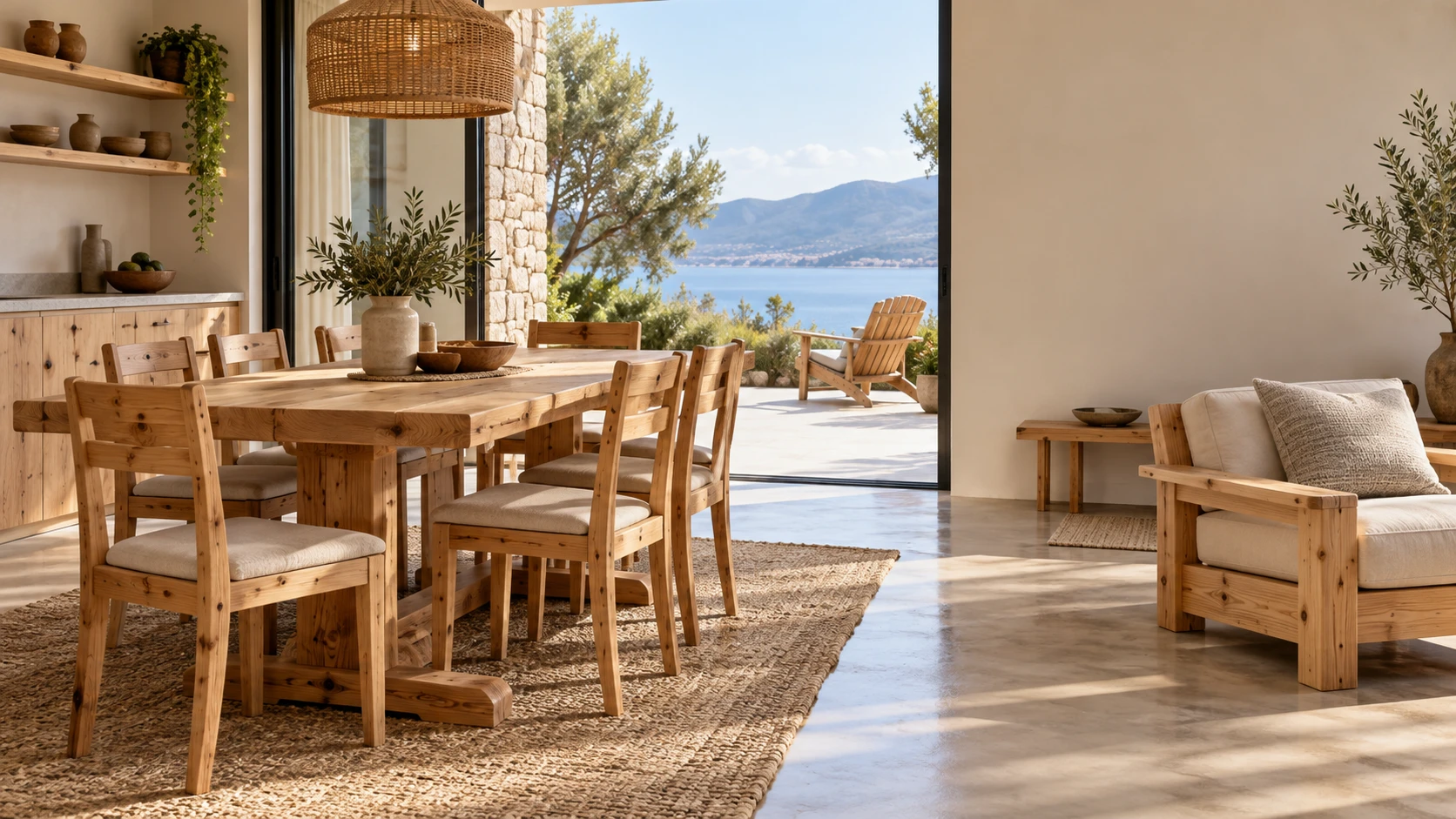 Pine dining furniture in a sunlit home opening onto a terrace