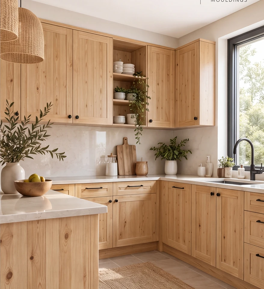 Natural pine kitchen cabinetry with light worktops