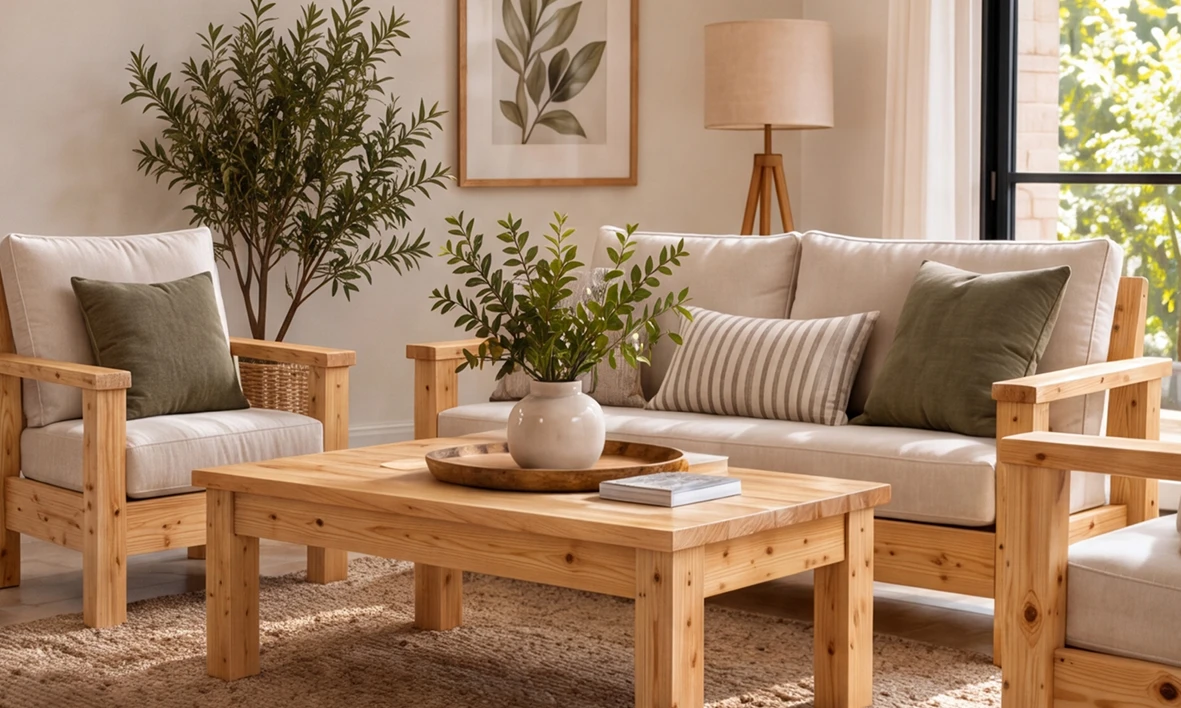 Pine sofa and coffee table in a sunlit living room