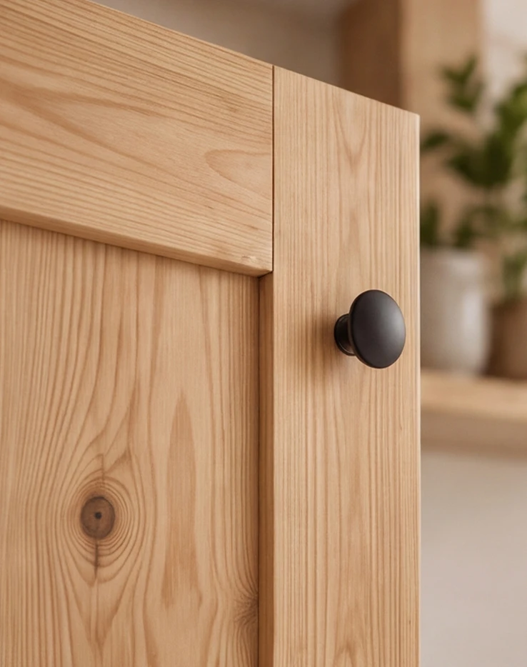 Natural pine grain and knot detail on a cabinet door