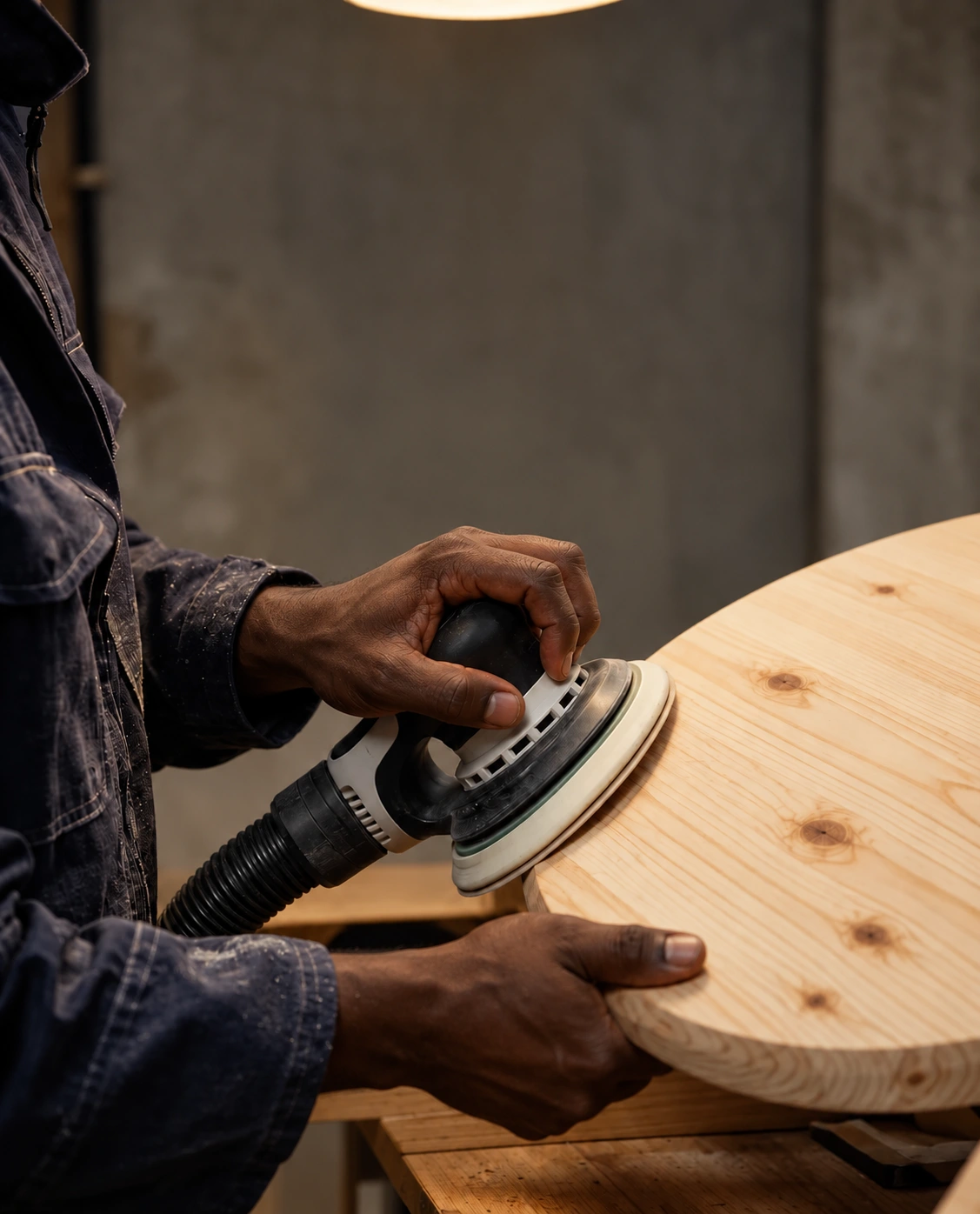 Illustrative workshop view of sanding a pine board