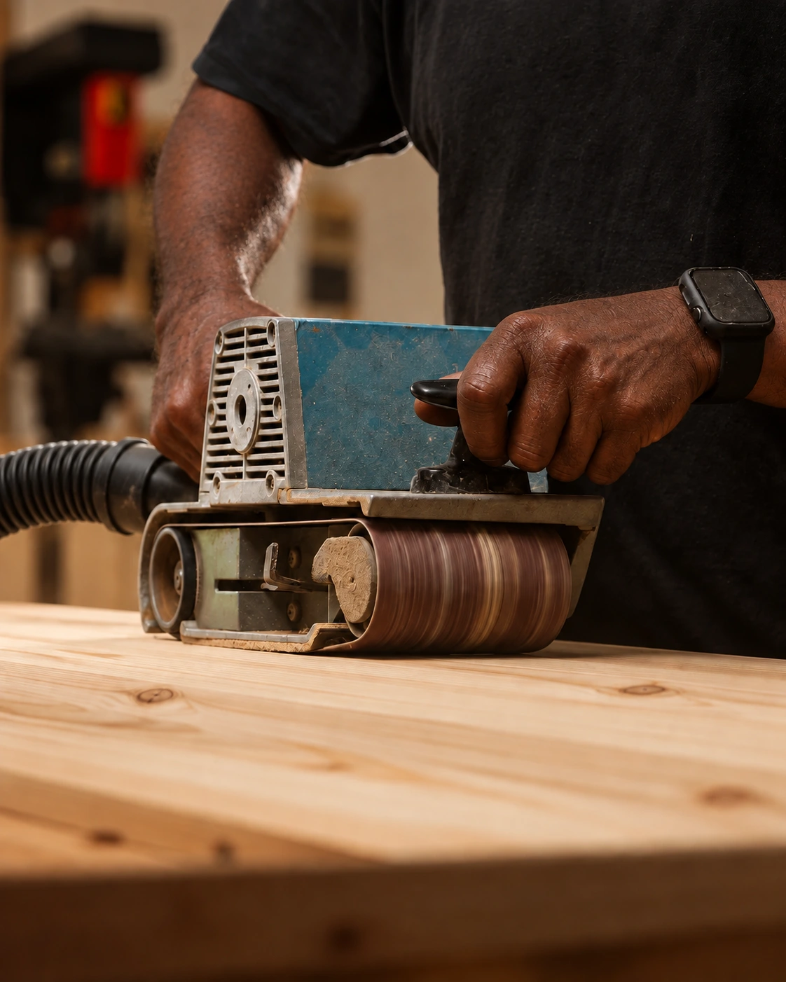 Illustrative close-up of fine sanding natural pine